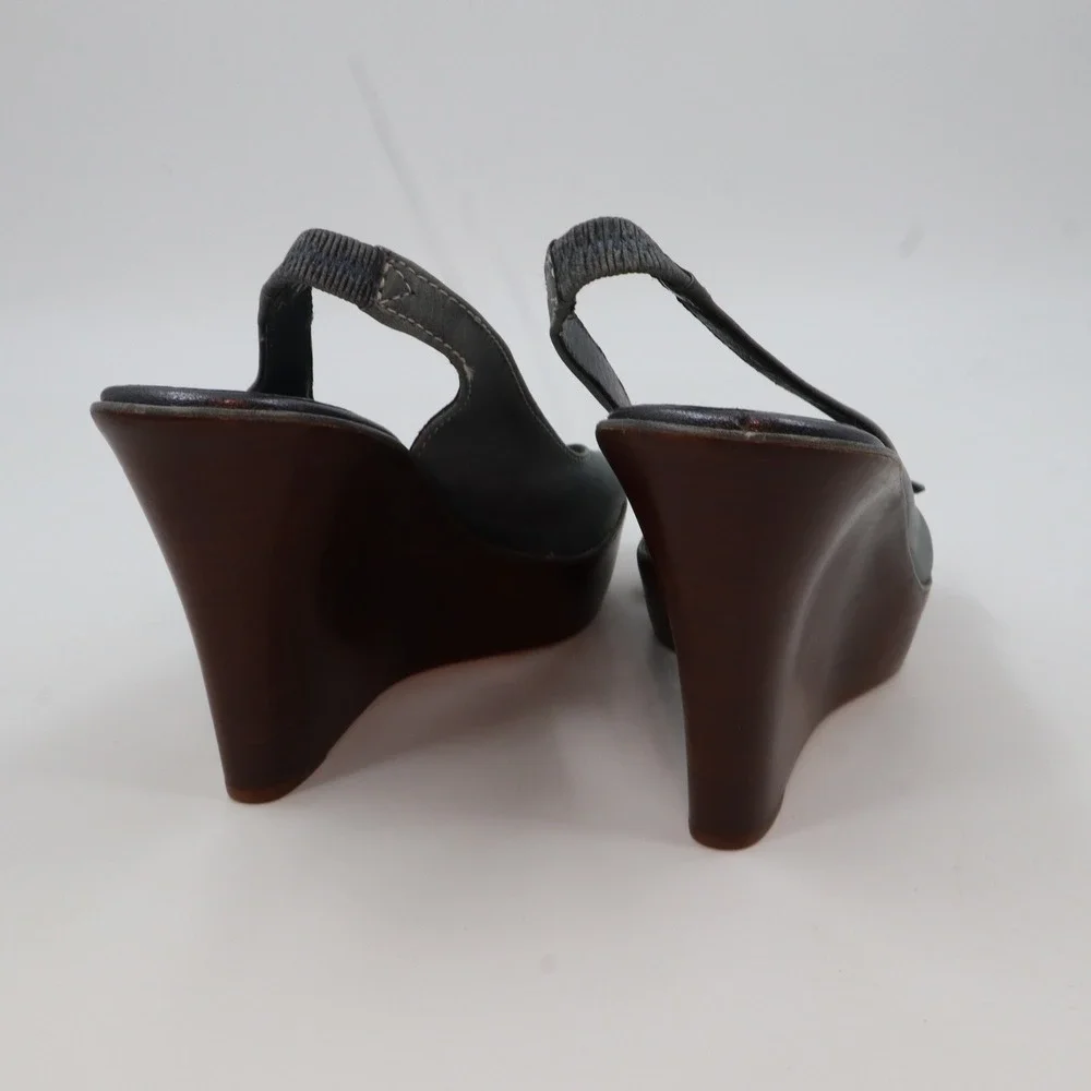 Cole Haan Wedge Sandals Womens 9 B‎ Slate Blue Leather Peep Toe Slingback D21178